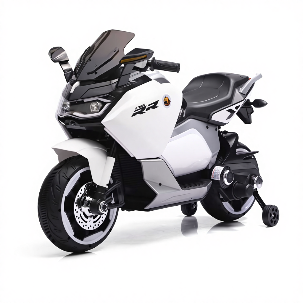 Moto Électrique Sportive RR 12V pour Enfant avec Roues de Stabilité - Blanc