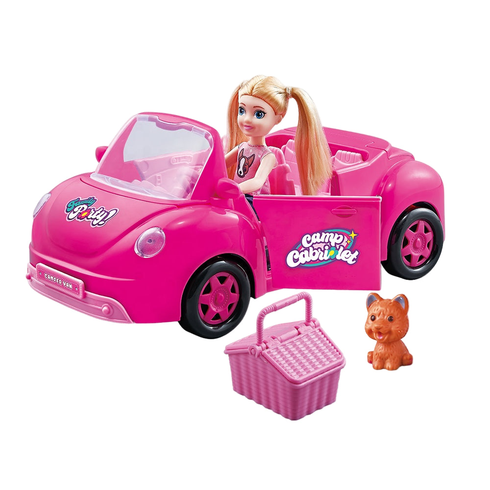 Voiture Cabriolet Rose Barbie Style + Chien & Valise