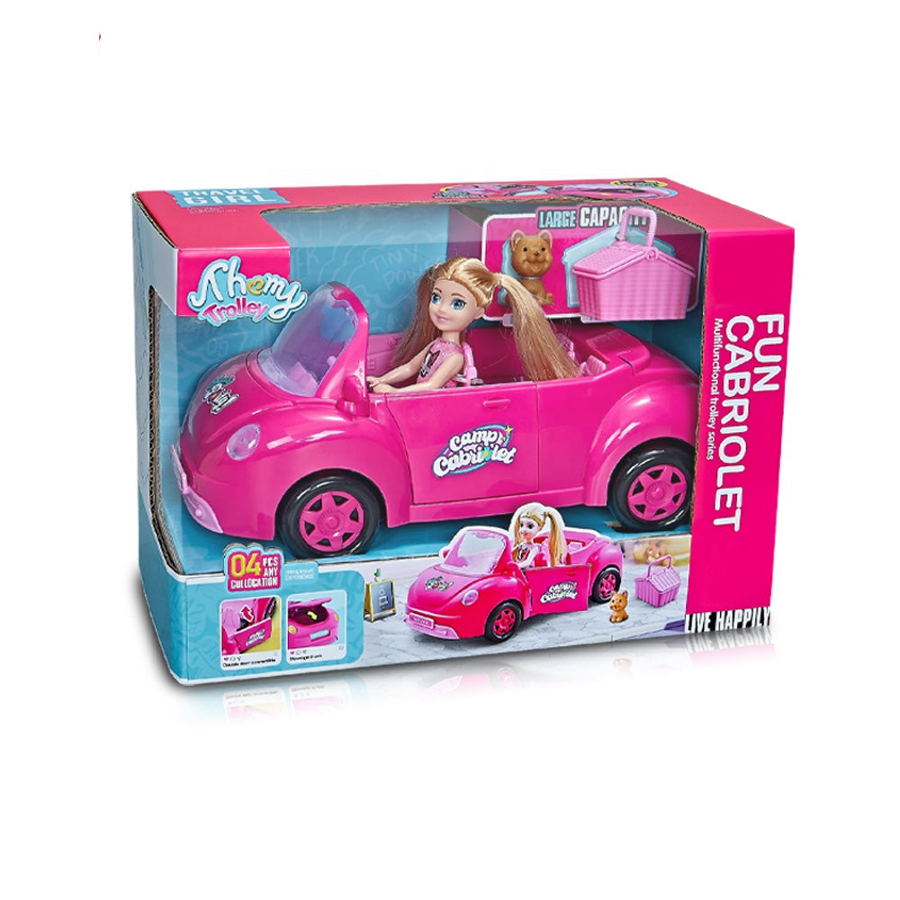 Voiture Cabriolet Rose avec Chien & Valise