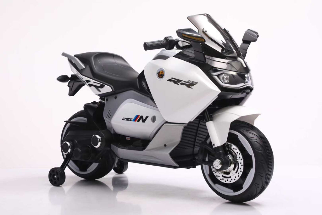 Moto Électrique Sportive RR 12V pour Enfant avec Roues de Stabilité - Blanc