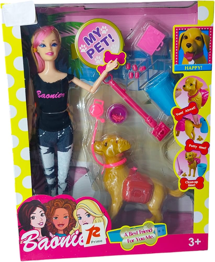 Poupée Mannequin Baonier Prime avec Chien Interactif – Coffret Promenade : Le Chien Mange et Fait ses Besoins