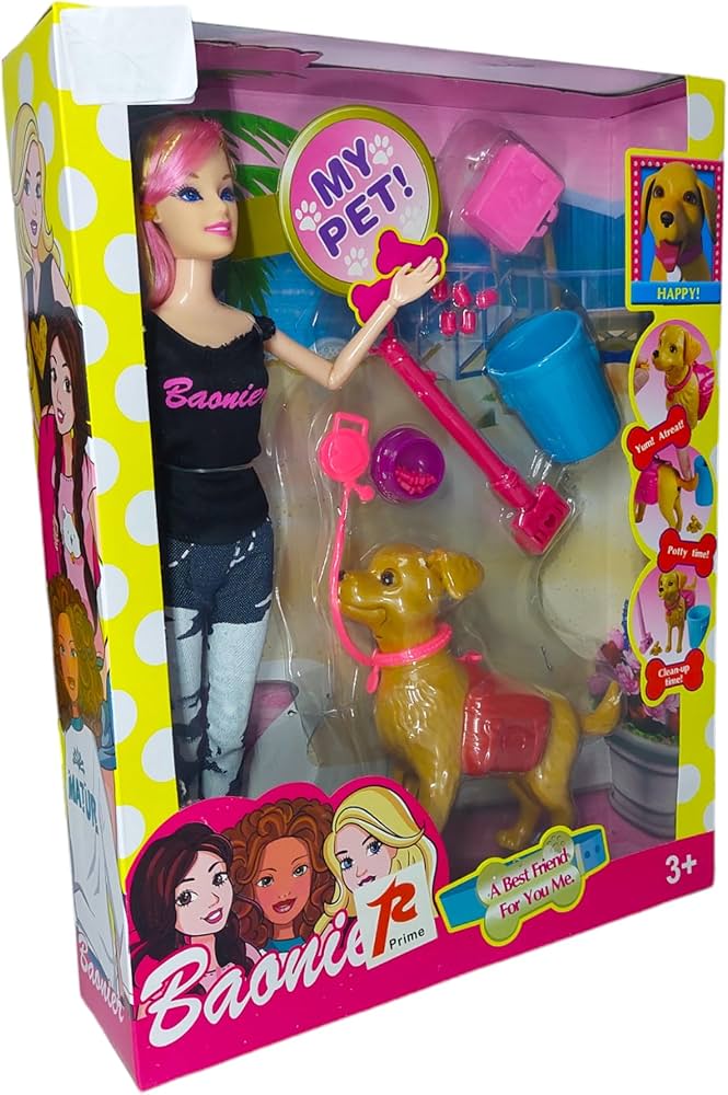 Poupée Mannequin Baonier Prime avec Chien Interactif – Coffret Promenade : Le Chien Mange et Fait ses Besoins