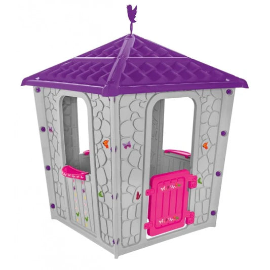 La maisonnette Pilsan Stone House, avec son toit violet et sa porte rouge.