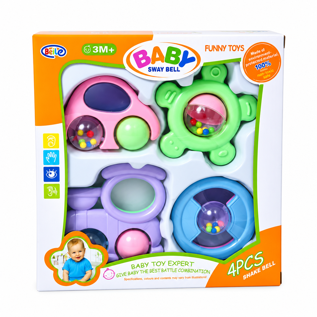 Coffret 4 Hochets Bébé Pastel dès 3 Mois – Matière Non Toxique