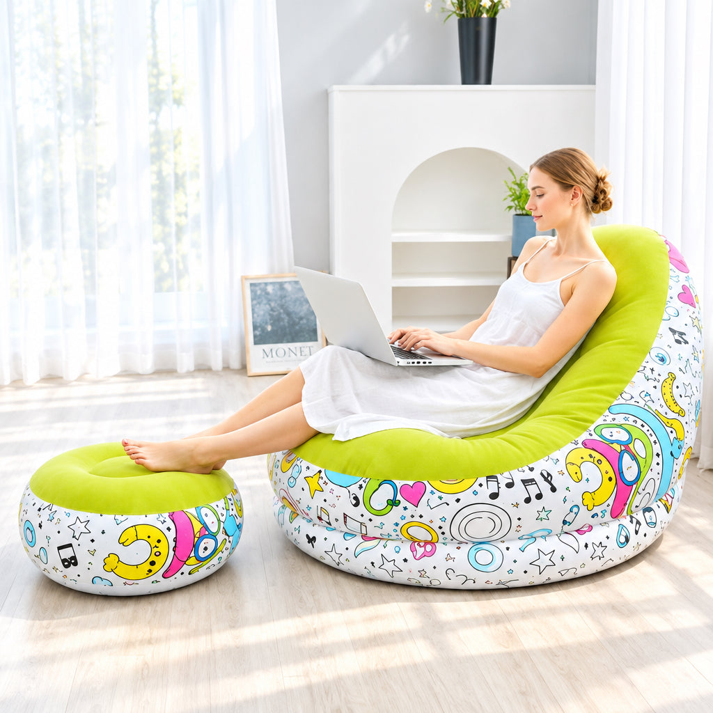 Fauteuil Gonflable avec Pouf – Motif Music, Taille Unique