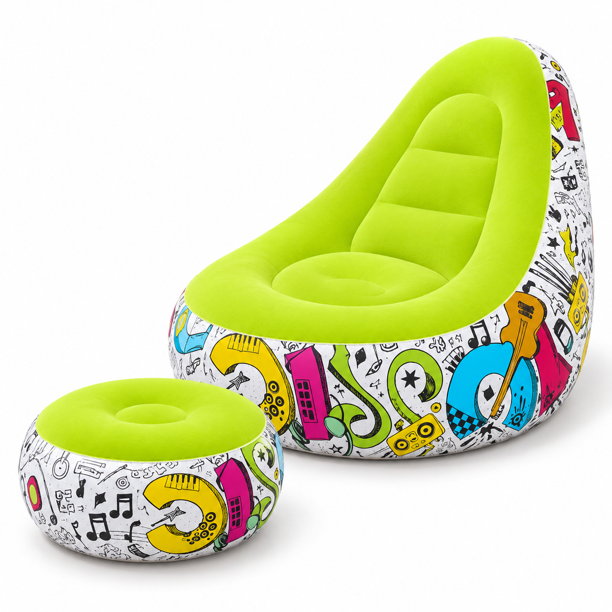Fauteuil Gonflable avec Pouf – Motif Music, Taille Unique
