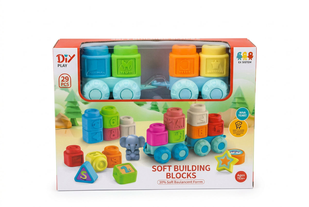 Train Blocs Souples 29 Pièces – Lettres, Chiffres et Animaux dès 12 Mois