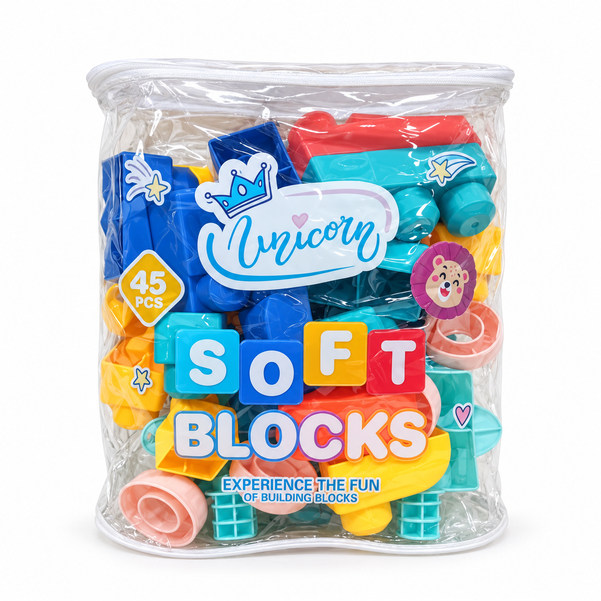 Blocs de Construction Souples Unicorn 45 Pièces – Sac de Rangement Zippé