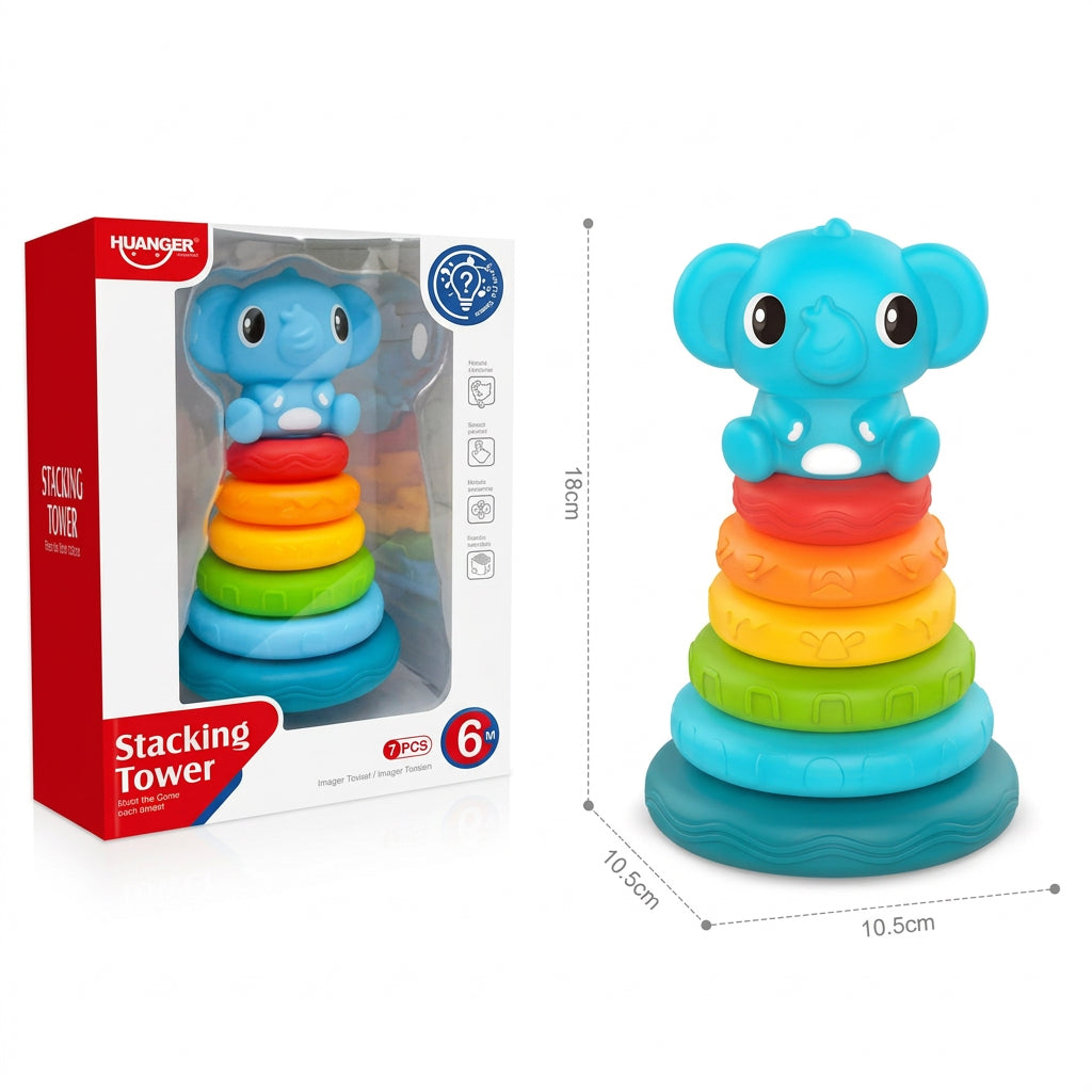 Tour à Empiler Éléphant 7 Pièces – Anneaux Arc-en-Ciel dès 6 Mois