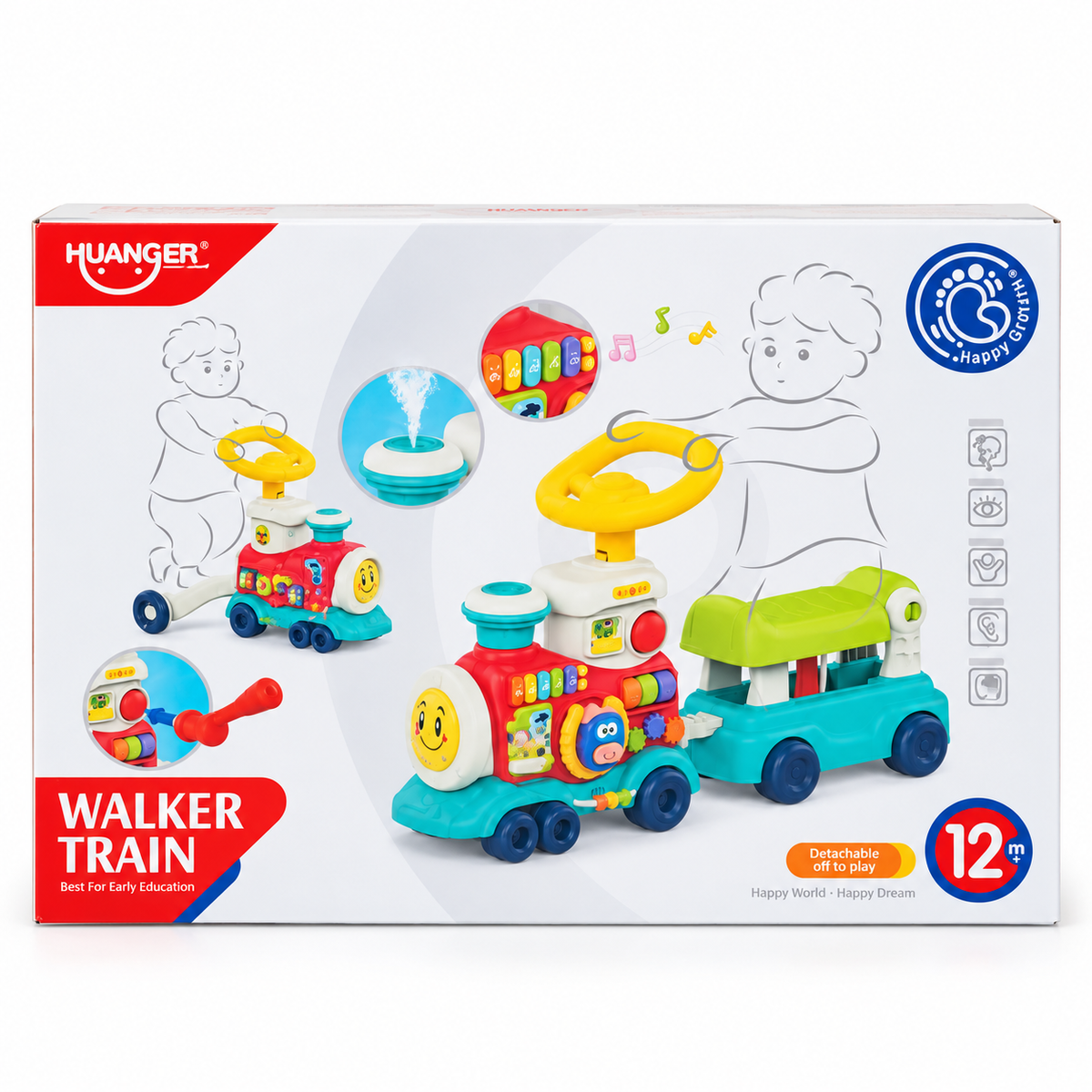 Porteur Trotteur Train Huanger – Wagon Détachable, Piano et Sons dès 12 Mois