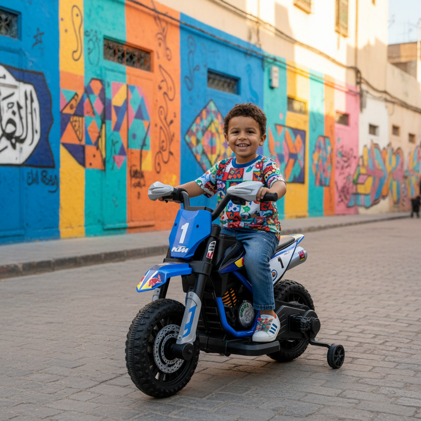 Moto Électrique Enfant – Style Cross Sport avec Roues Stabilisatrices Bleu