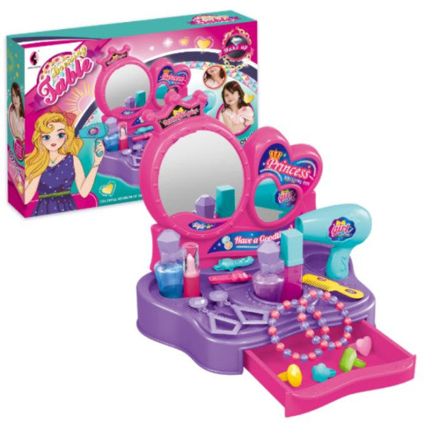 Le coffret de jouets Coiffeuse de princesse de Meihongyu comprend une coiffeuse rose et violette avec miroir, un sèche-cheveux jouet et divers accessoires.