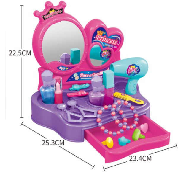 Le coffret de jouets Coiffeuse de princesse de Meihongyu comprend une coiffeuse rose et violette avec miroir, un sèche-cheveux jouet et divers accessoires.