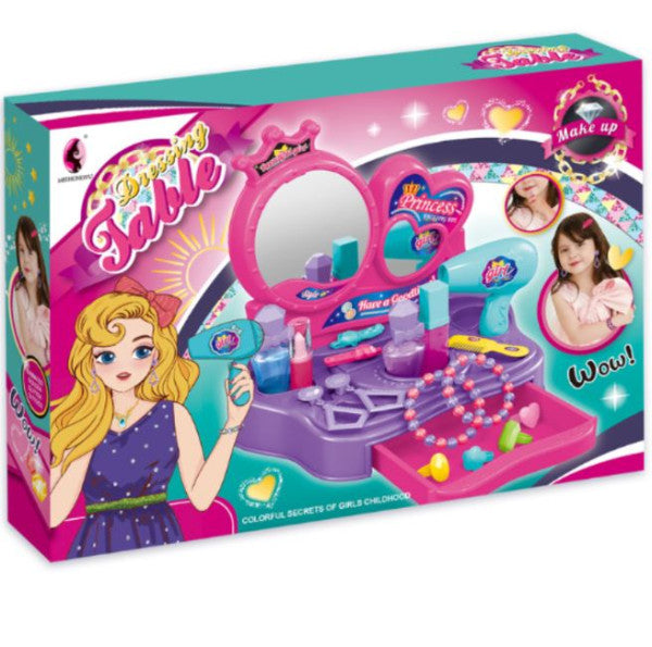 Le coffret de jouets Coiffeuse de princesse de Meihongyu comprend une coiffeuse rose et violette avec miroir, un sèche-cheveux jouet et divers accessoires.