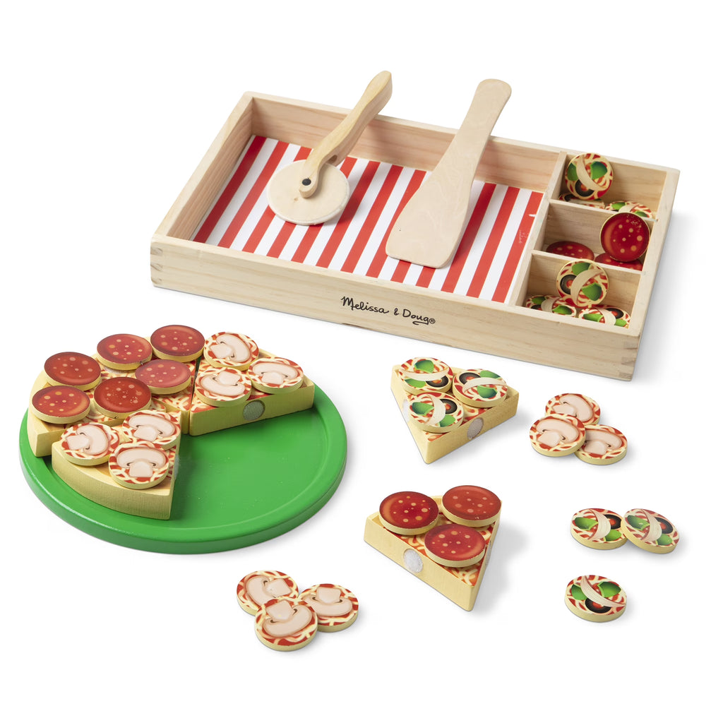 Wooden Pizza Party play food set with 36 toppings