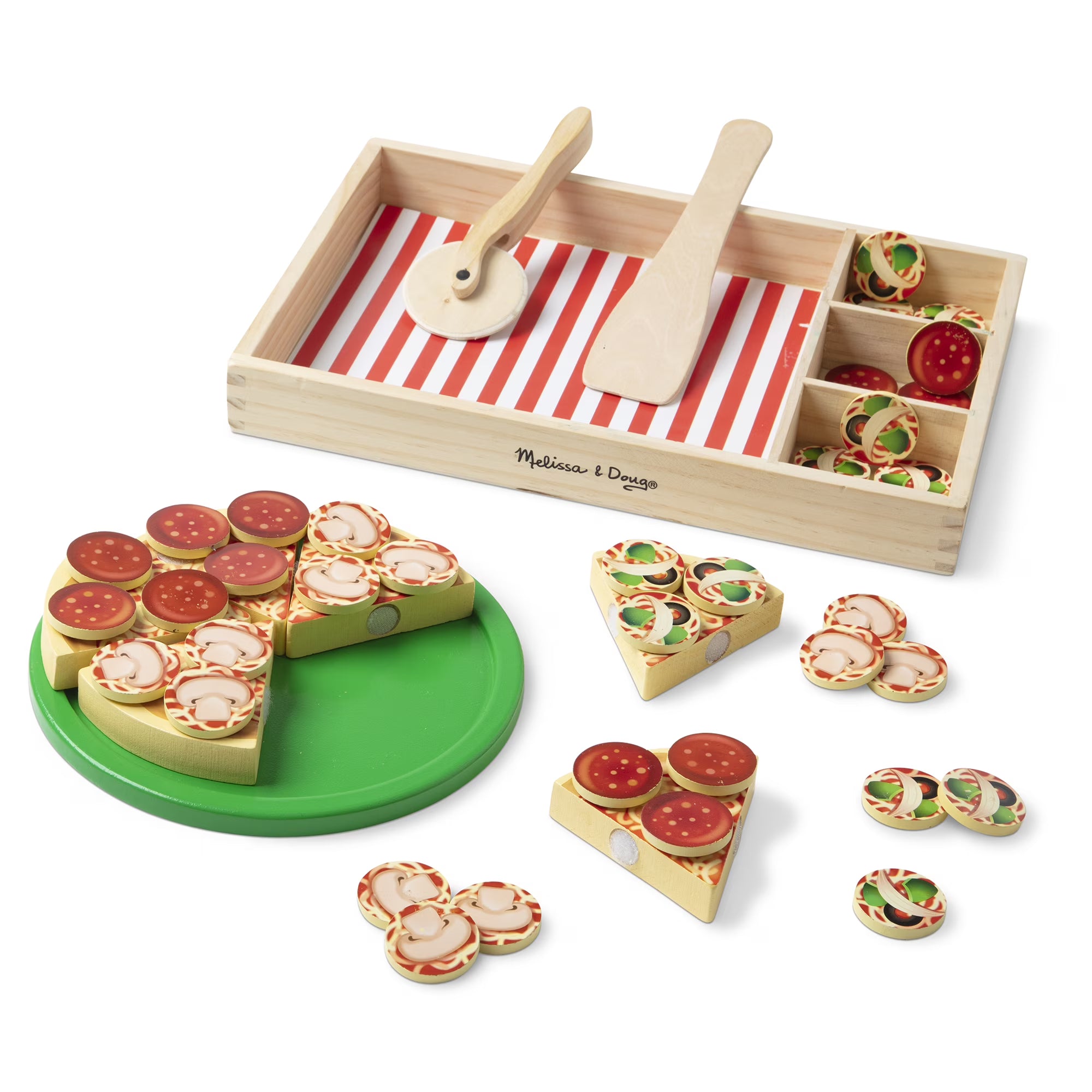 Wooden Pizza Party play food set with 36 toppings