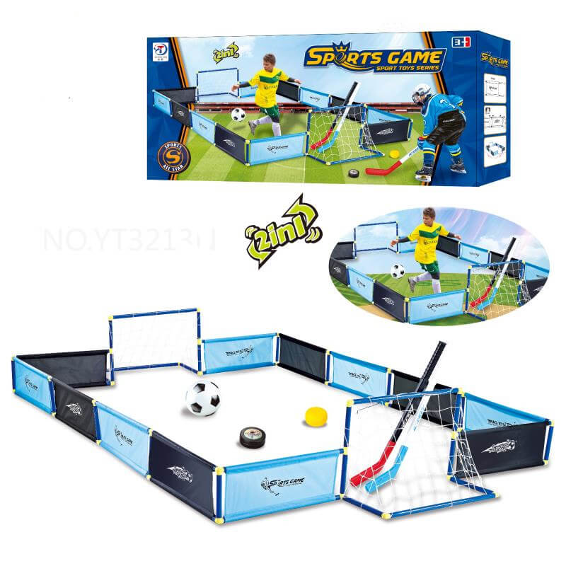 2-in-1 sports toy game set designed for both soccer and hockey.
