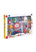 developmental baby rattle set featuring multiple colorful toys