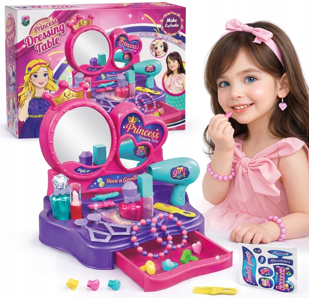Le coffret de jouets Coiffeuse de princesse de Meihongyu comprend une coiffeuse rose et violette avec miroir, un sèche-cheveux jouet et divers accessoires.