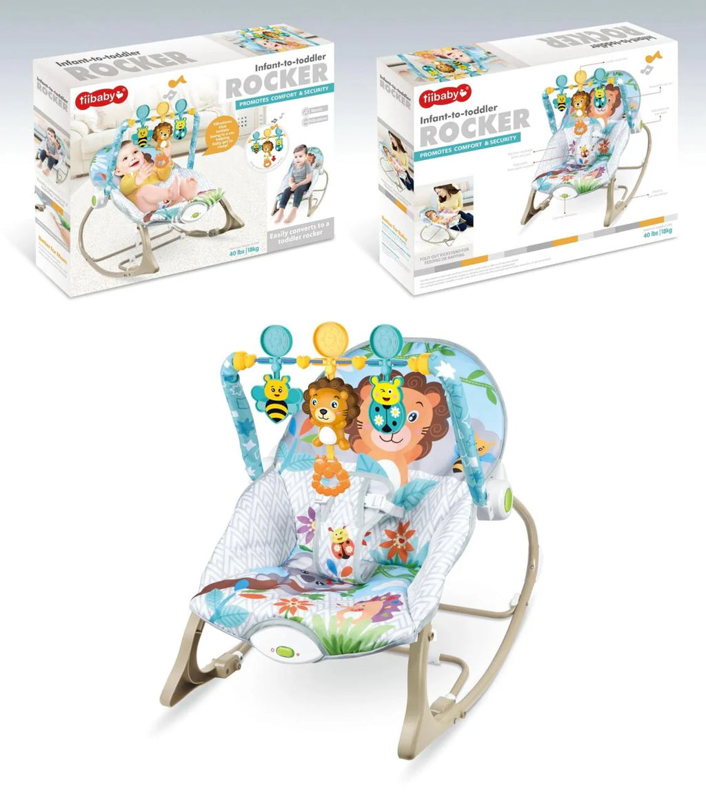 New Born branded Infant-to-Toddler Rocker featuring a lion toy bar and blue patterned fabric.