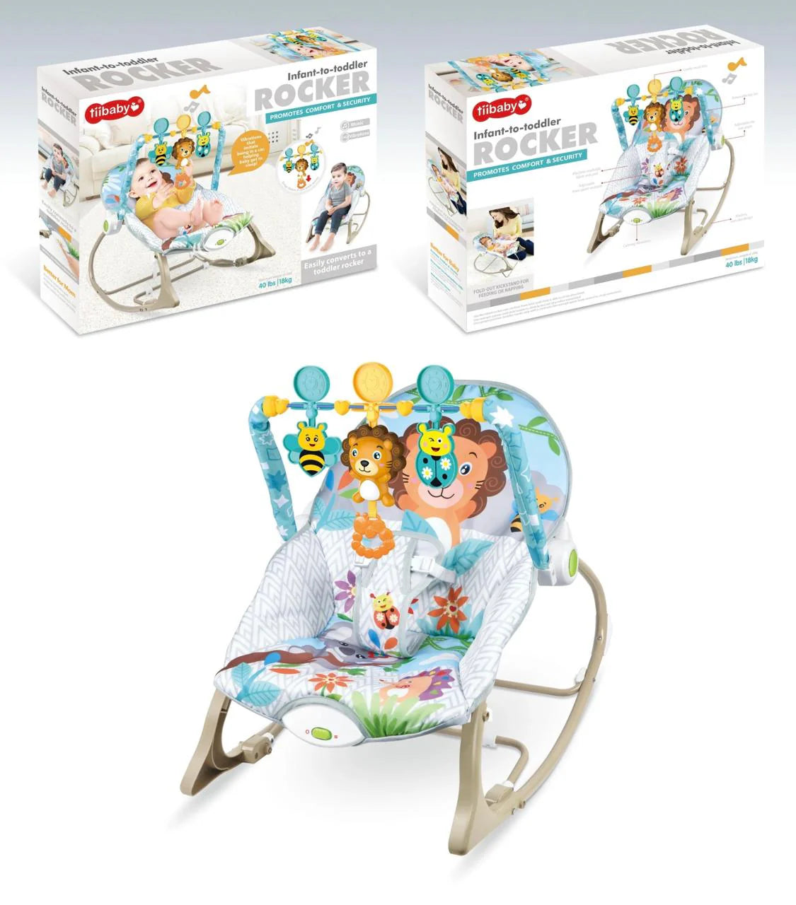 New Born branded Infant-to-Toddler Rocker featuring a lion toy bar and blue patterned fabric.