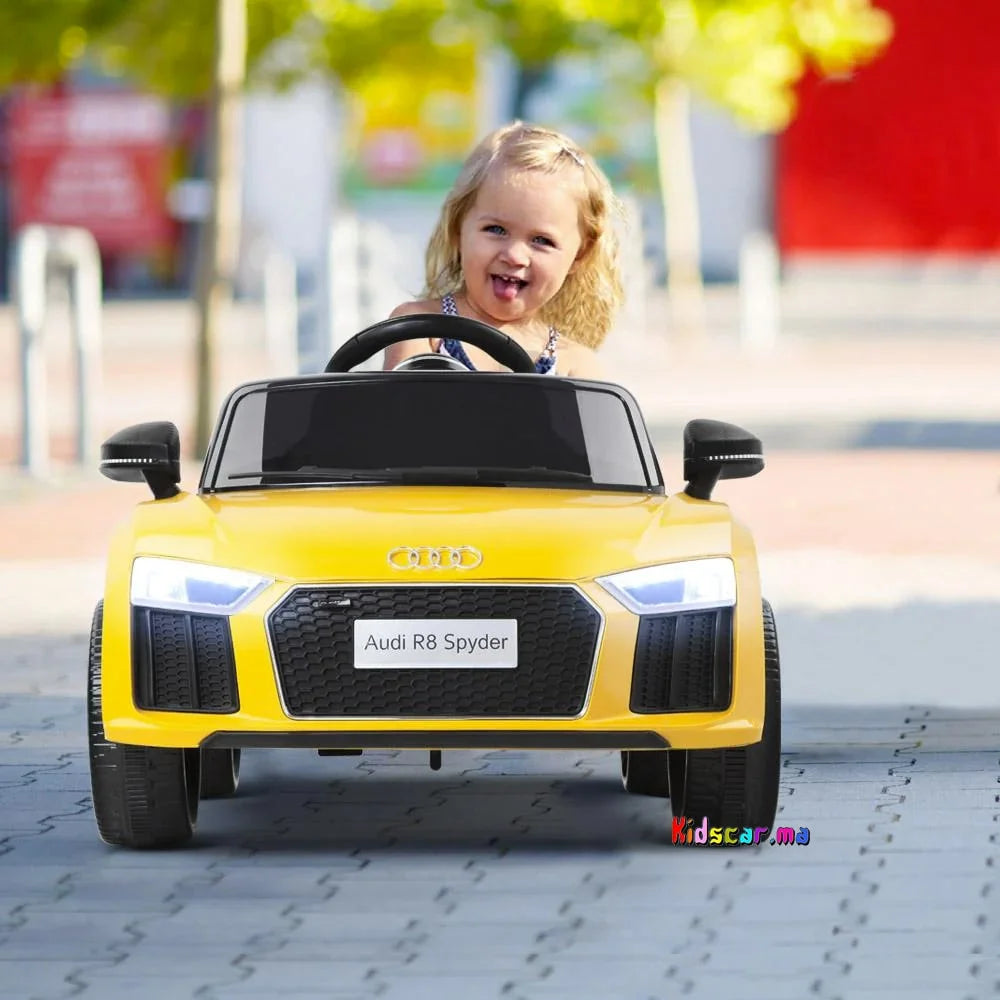 Voiture Électrique Audi R8 12V Jaune – Roues EVA, Lumières LED & Musique