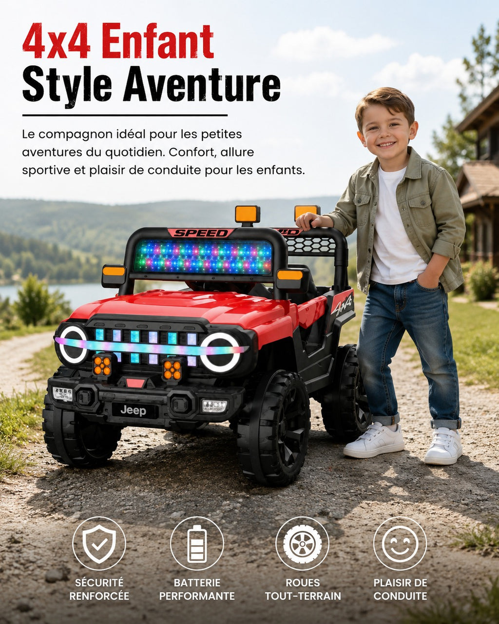Voiture Électrique Enfant Style Jeep 4x4 avec Lumières LED – Rouge