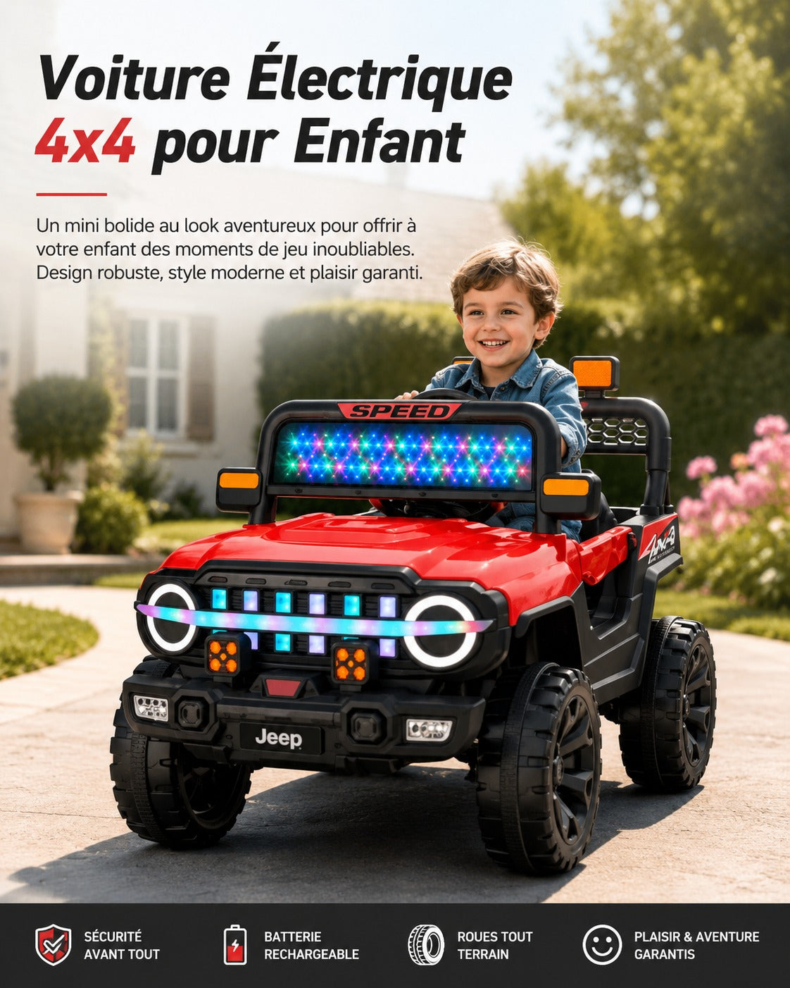 Voiture Électrique Enfant Style Jeep 4x4 avec Lumières LED – Rouge