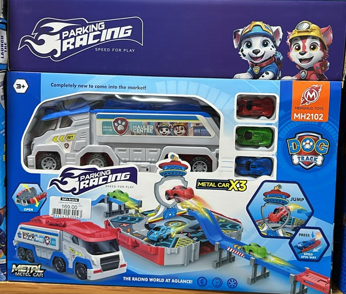 Le circuit de course de parking de HengHuo Toys (modèle MH2103) comprend un camion transporteur sur le thème des chiens et un circuit de course en spirale.