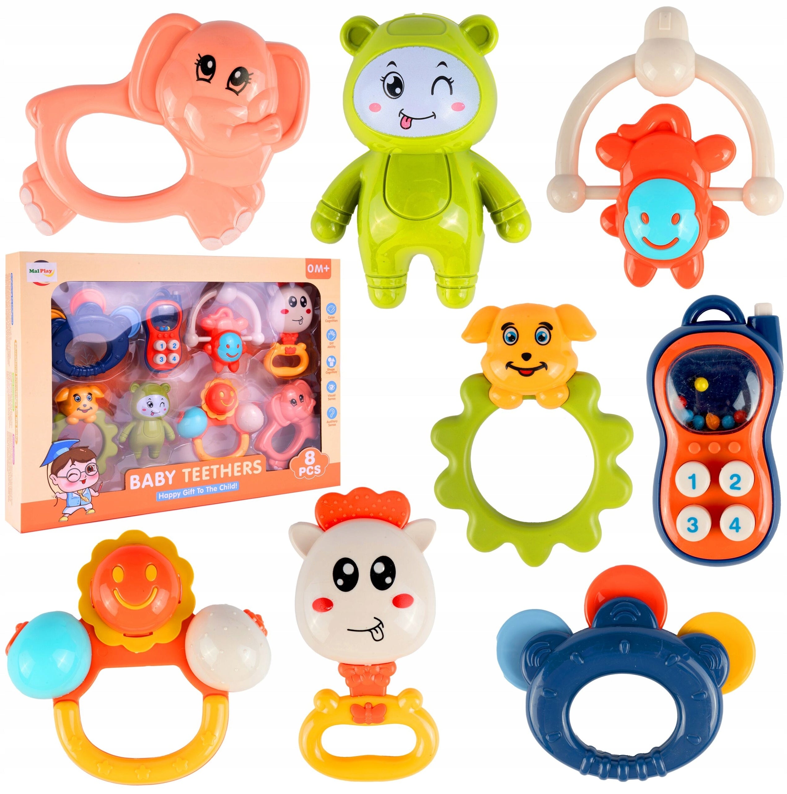 generic set of 8 developmental baby rattles and teethers