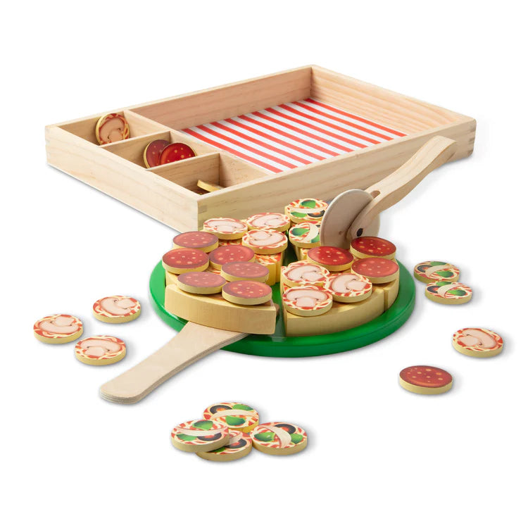 Wooden Pizza Party play food set with 36 toppings