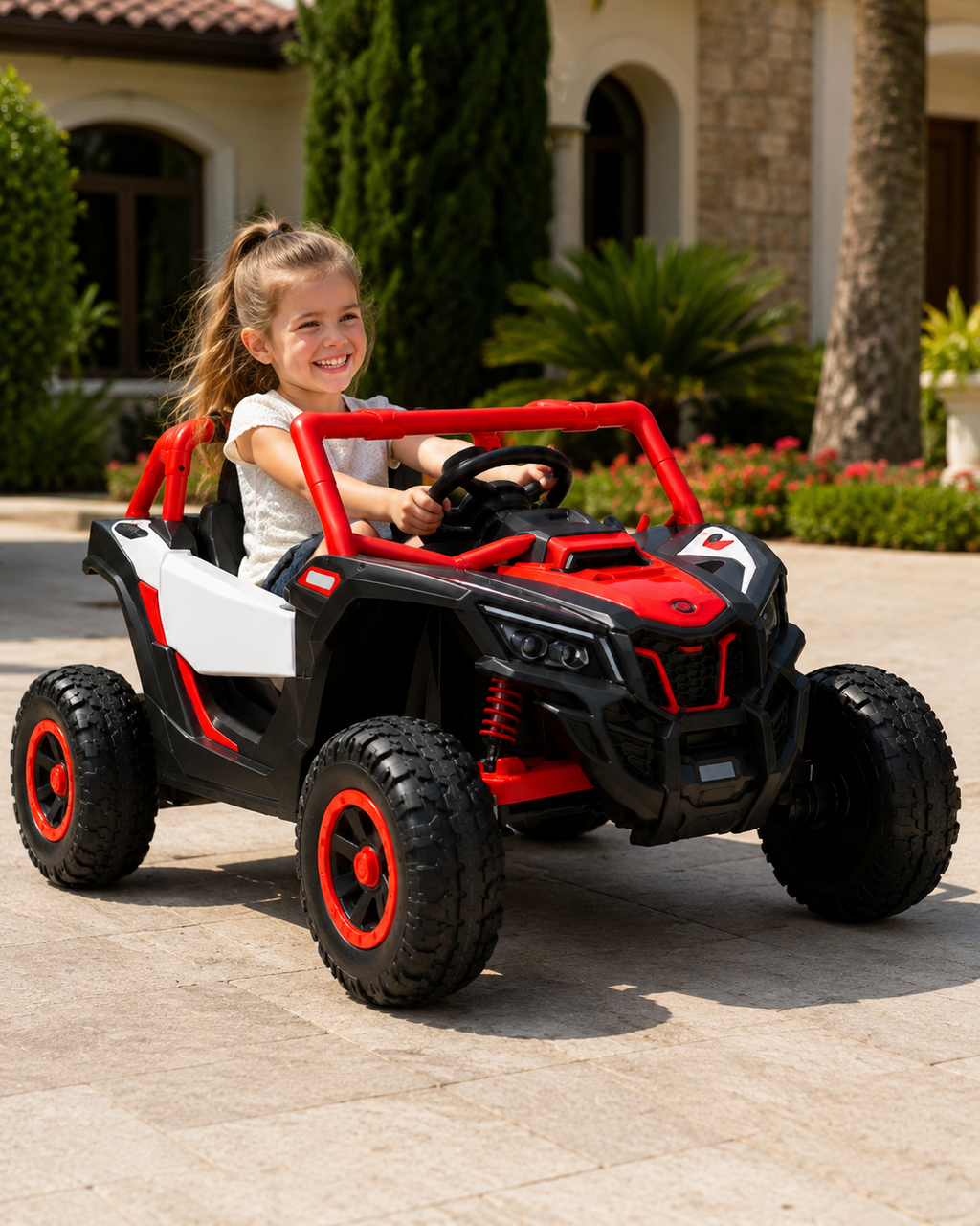 Voiture Électrique Enfant Buggy Rouge et Noir – Tout-Terrain, Grandes Roues & Style Aventure