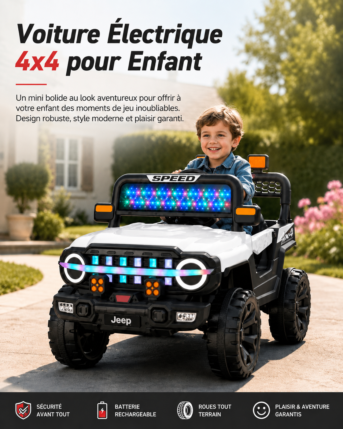 Voiture Électrique 4x4 Enfant Blanche – Style Jeep avec LED Multicolores
