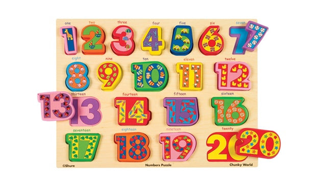 wooden number puzzle board featuring numbers 1 to 20