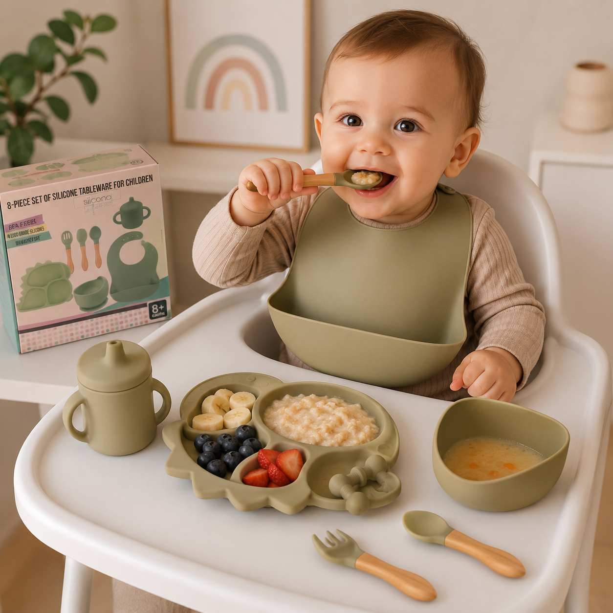 Set de Vaisselle en Silicone pour Bébé – Coffret Repas 8 Pièces