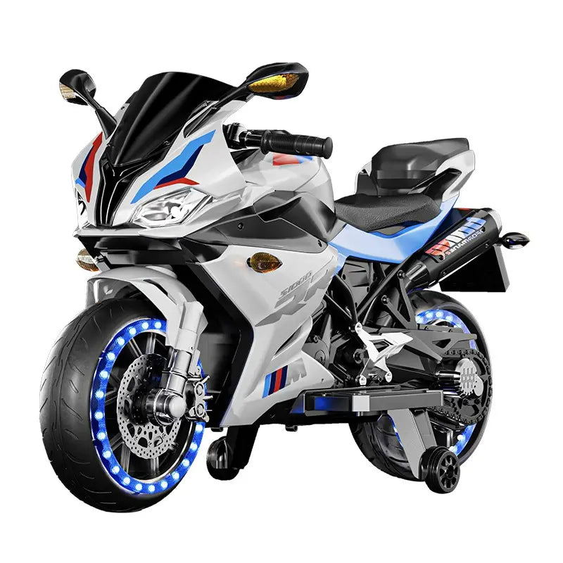 Moto Électrique Sportive Blanche pour Enfant 3 à 6 Ans – 1 Place avec Roulettes et Roues Lumineuses