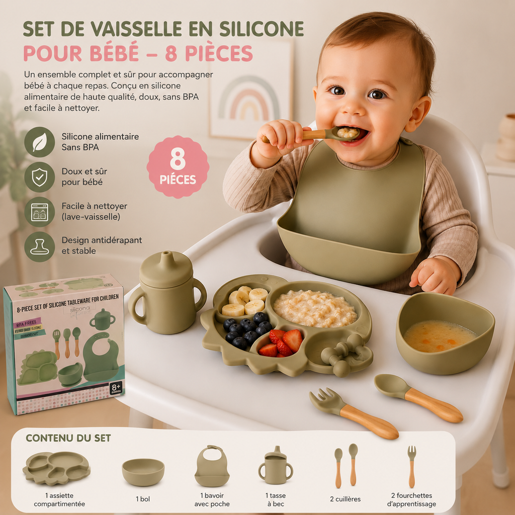 Set de Vaisselle en Silicone pour Bébé – Coffret Repas 8 Pièces
