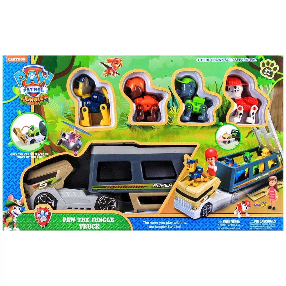 Le coffret de jouets Pat' Patrouille comprend un véhicule sur le thème de la jungle, appelé « Le Camion de la Jungle », qui transporte plusieurs petits véhicules de secours et des personnages.