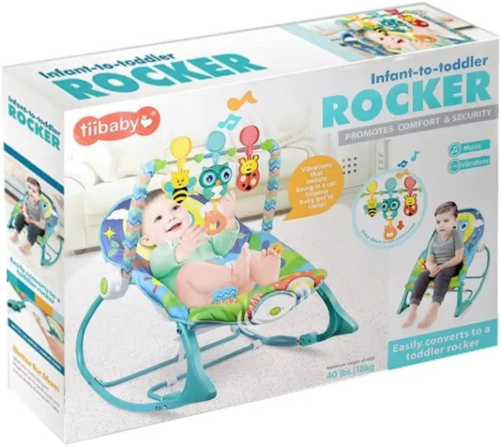 Tiibaby Infant-to-Toddler Rocker in a green, colorful design.