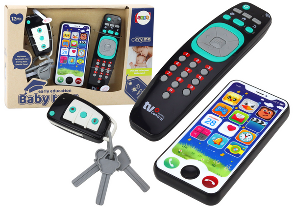 Lean Toys Early Education Baby Toy set featuring a toy phone, remote control, and keys
