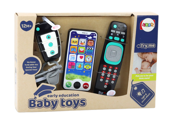 Lean Toys Early Education Baby Toy set featuring a toy phone, remote control, and keys