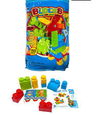 Generic Building Blocks in a 150-piece set packaged in a blue plastic bag.