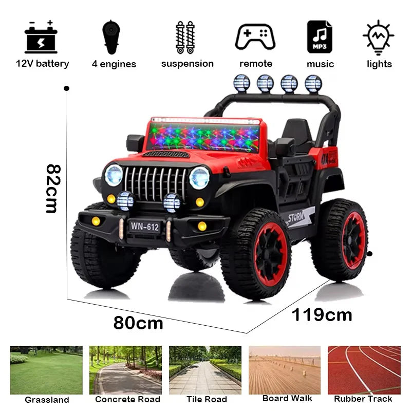 Voiture Électrique Jeep 4x4 2 Places 12V pour Enfants – 4 Moteurs, Télécommande | 1 à 10 Ans blanc - Rouge