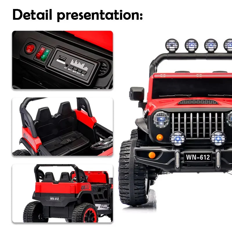 Voiture Électrique Jeep 4x4 2 Places 12V pour Enfants – 4 Moteurs, Télécommande | 1 à 10 Ans blanc - Rouge