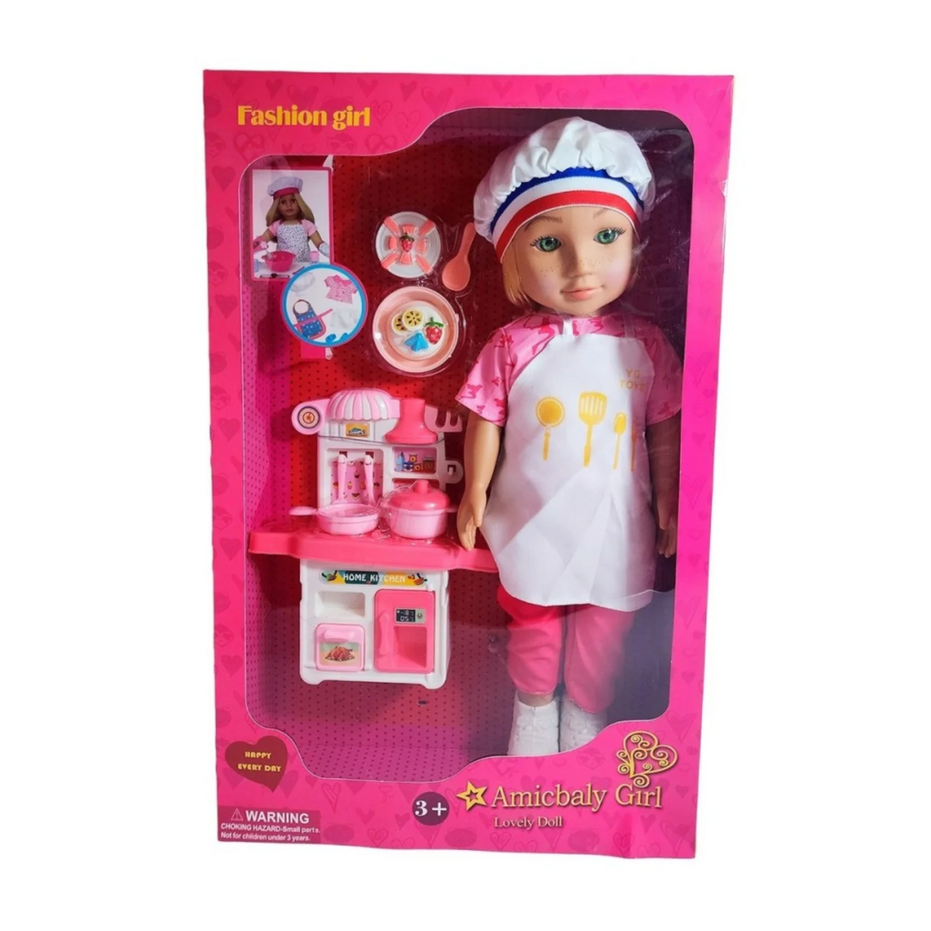 Poupée Cuisinière Amicbaly Girl – Avec Mini Cuisine, Toque de Chef et Dînette