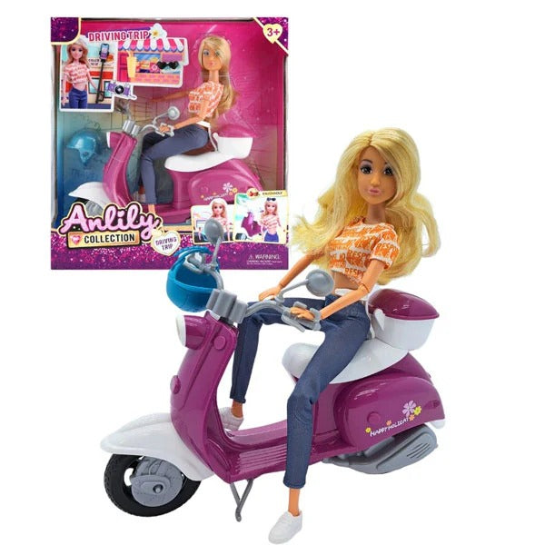 Poupée Mannequin Anlily avec Scooter Violet – Coffret "Driving Trip" avec Casque et Accessoires