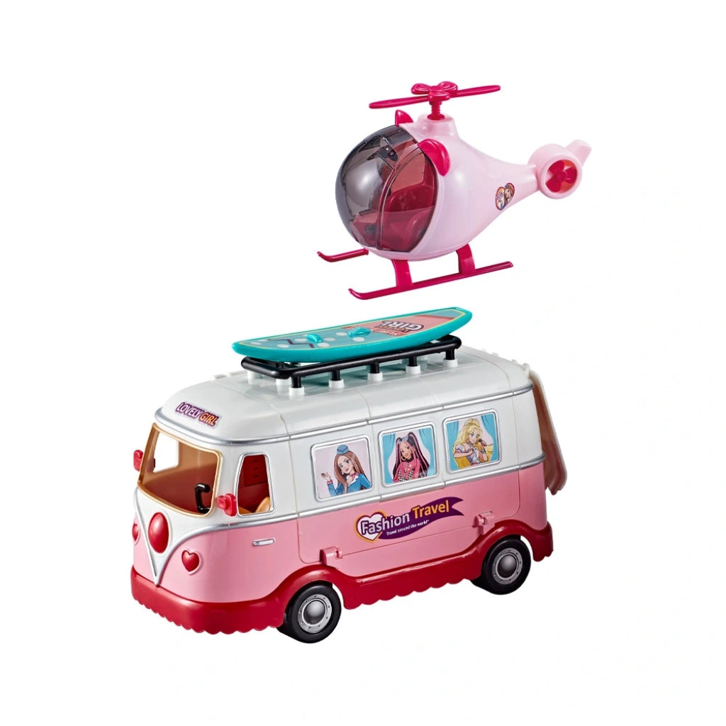 Set Karavan de Luxe & Hélicoptère – Voyage et Macéra avec Poupées et Accessoires