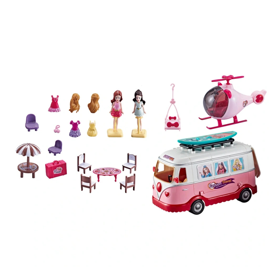 Set Karavan de Luxe & Hélicoptère – Voyage et Macéra avec Poupées et Accessoires