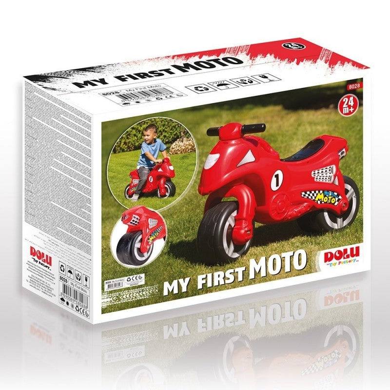 Le jouet rouge Dolu My First Moto est doté d'une construction en plastique durable et de roues larges pour aider les tout-petits à développer leur équilibre et leur motricité.