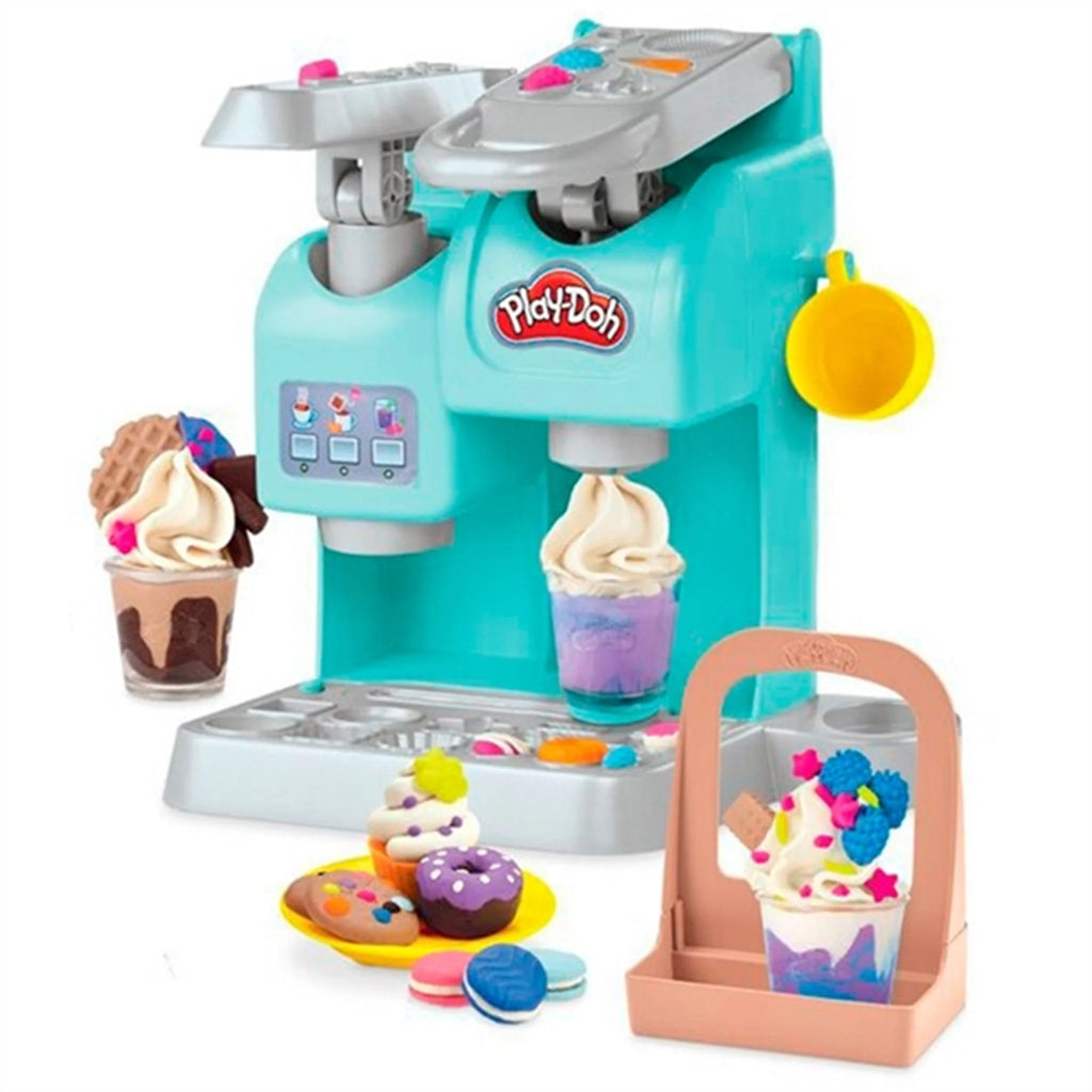 Coffret de jeu Play-Doh Kitchen Creations Colorful Cafe comprenant une cafetière vert menthe et diverses friandises en pâte à modeler